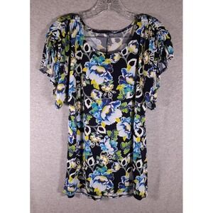 Floral Flutter Sleeve Top Womens Medium Peasant Blouse Ruffle Cottagecore Boho